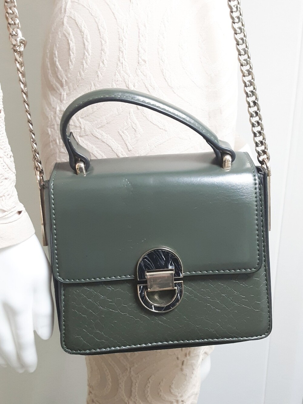 TopShop Olive Green Top-Handle Boxy Chain Link Crossbody Bag